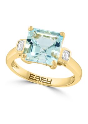 Effy 1/5 Ct. T.w. Diamond, Aquamarine Ring In 14K Yellow Gold
