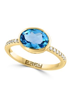 Effy 1/10 Ct. T.w. Diamond, Blue Topaz Ring In 14K Yellow Gold