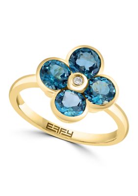 Effy Diamond and Blue Topaz Flower Ring in 14K Yellow Gold