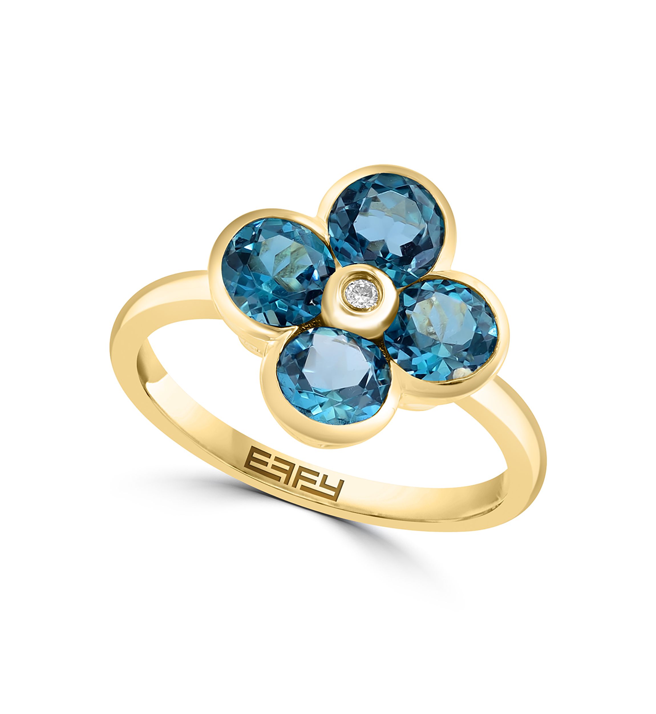 Diamond and Blue Topaz Flower Ring in 14K Yellow Gold