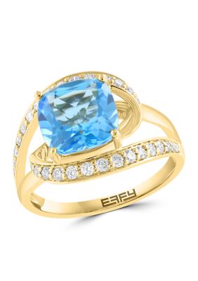 Effy 1/3 ct. t.w. Diamond and Blue Topaz Ring in 14K Yellow Gold