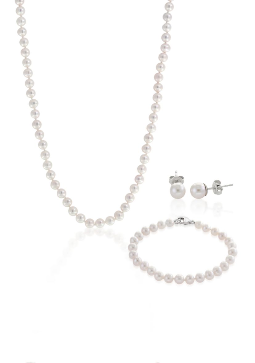 Sterling Silver Freshwater Pearl Necklace, Earrings and Bracelet Set