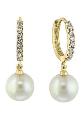 Effy 3/8 Ct. T.w. Diamond And Freshwater Pearl Earrings In 14K Yellow Gold