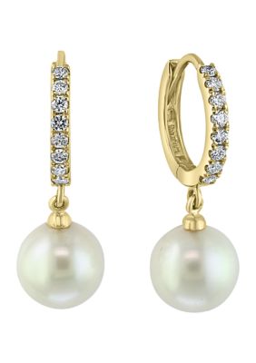 Effy 3/8 ct. t.w. Diamond and Freshwater Pearl Earrings in 14K Yellow Gold