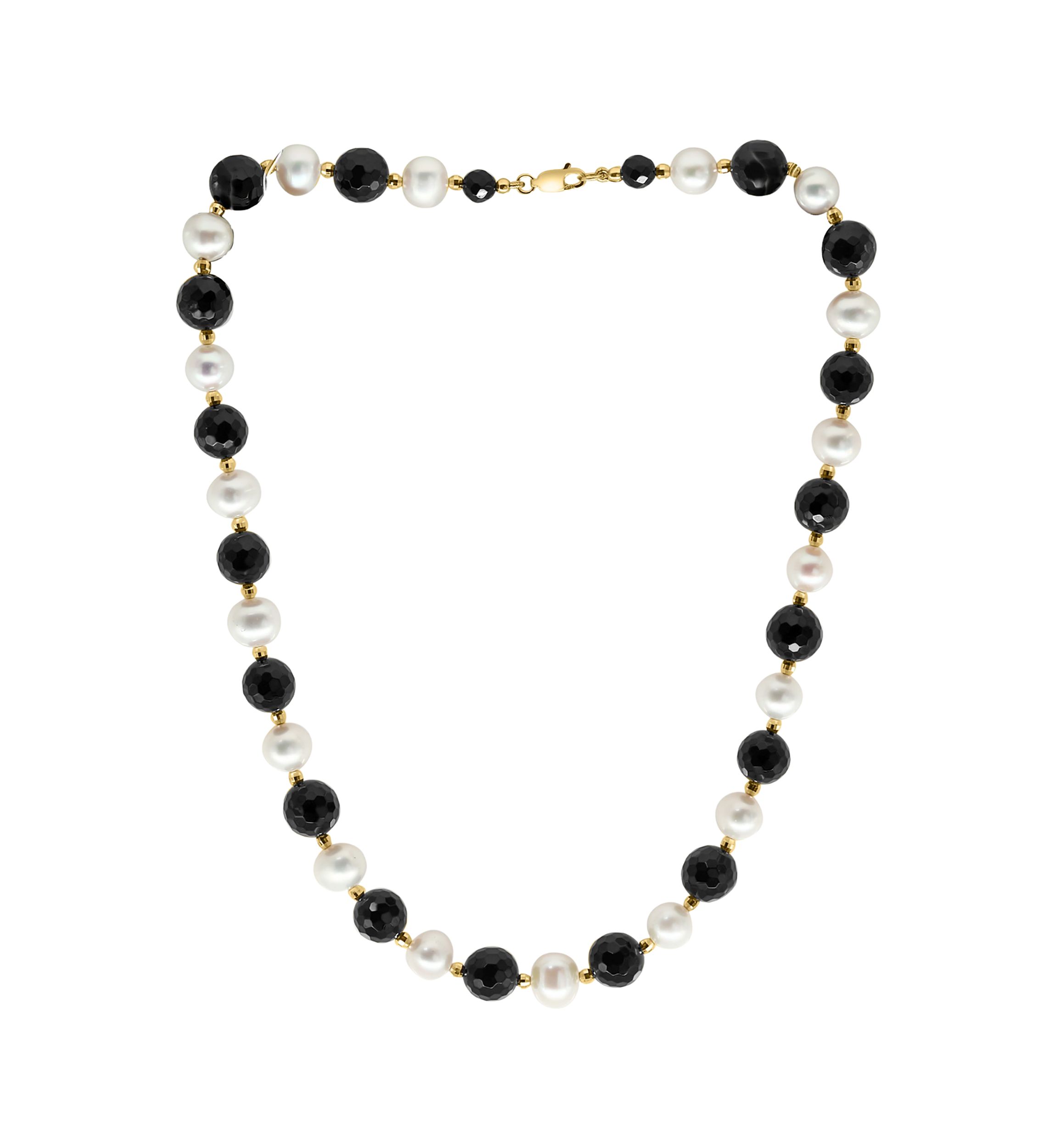  14K Yellow Gold Freshwater Pearl and Onyx 18 Inch Necklace 