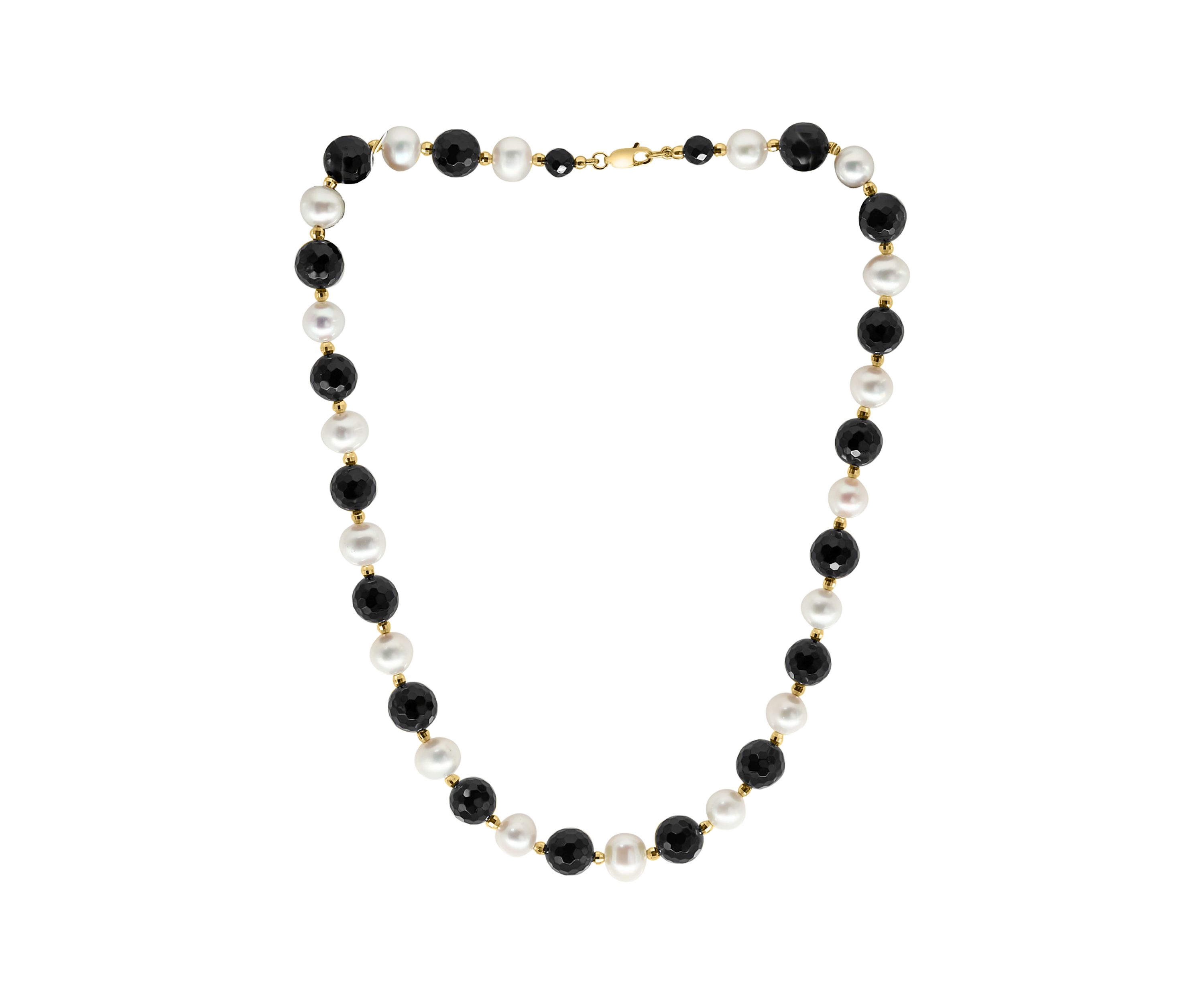  14K Yellow Gold Freshwater Pearl and Onyx 18 Inch Necklace 
