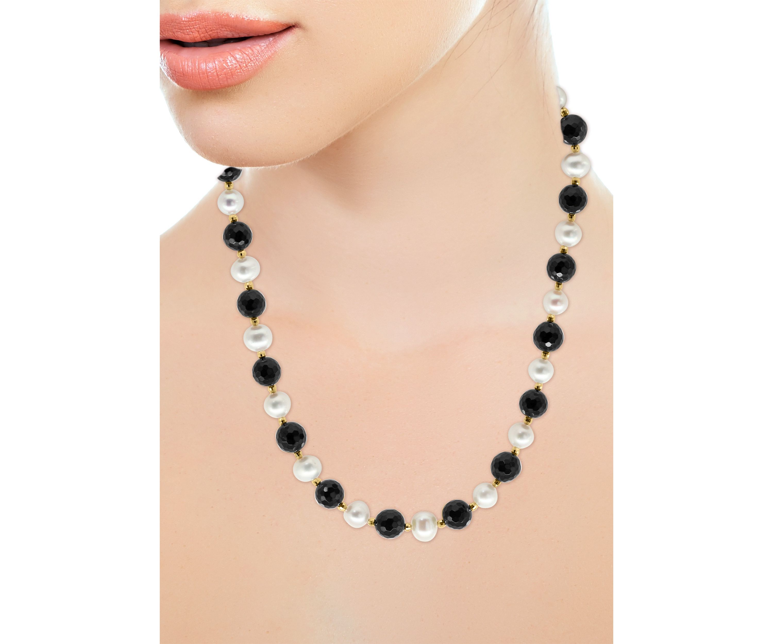  14K Yellow Gold Freshwater Pearl and Onyx 18 Inch Necklace 