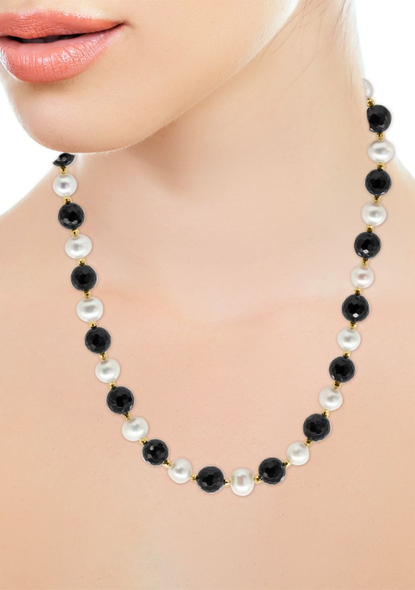  14K Yellow Gold Freshwater Pearl and Onyx 18 Inch Necklace 