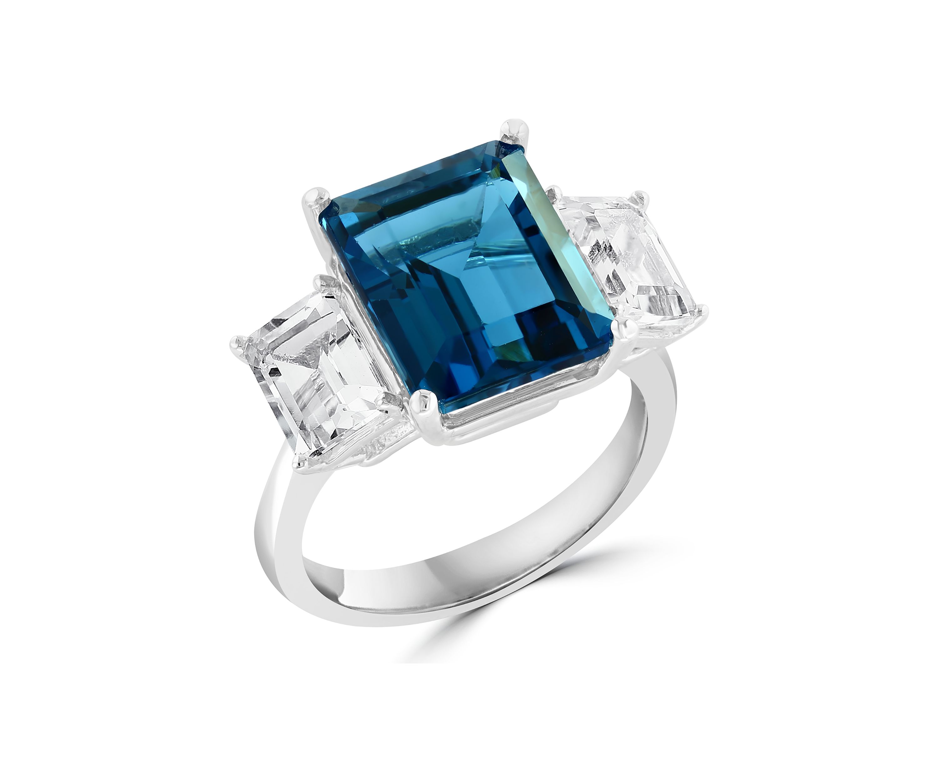 Blue Topaz and White Topaz Square Ring in 14K White Gold
