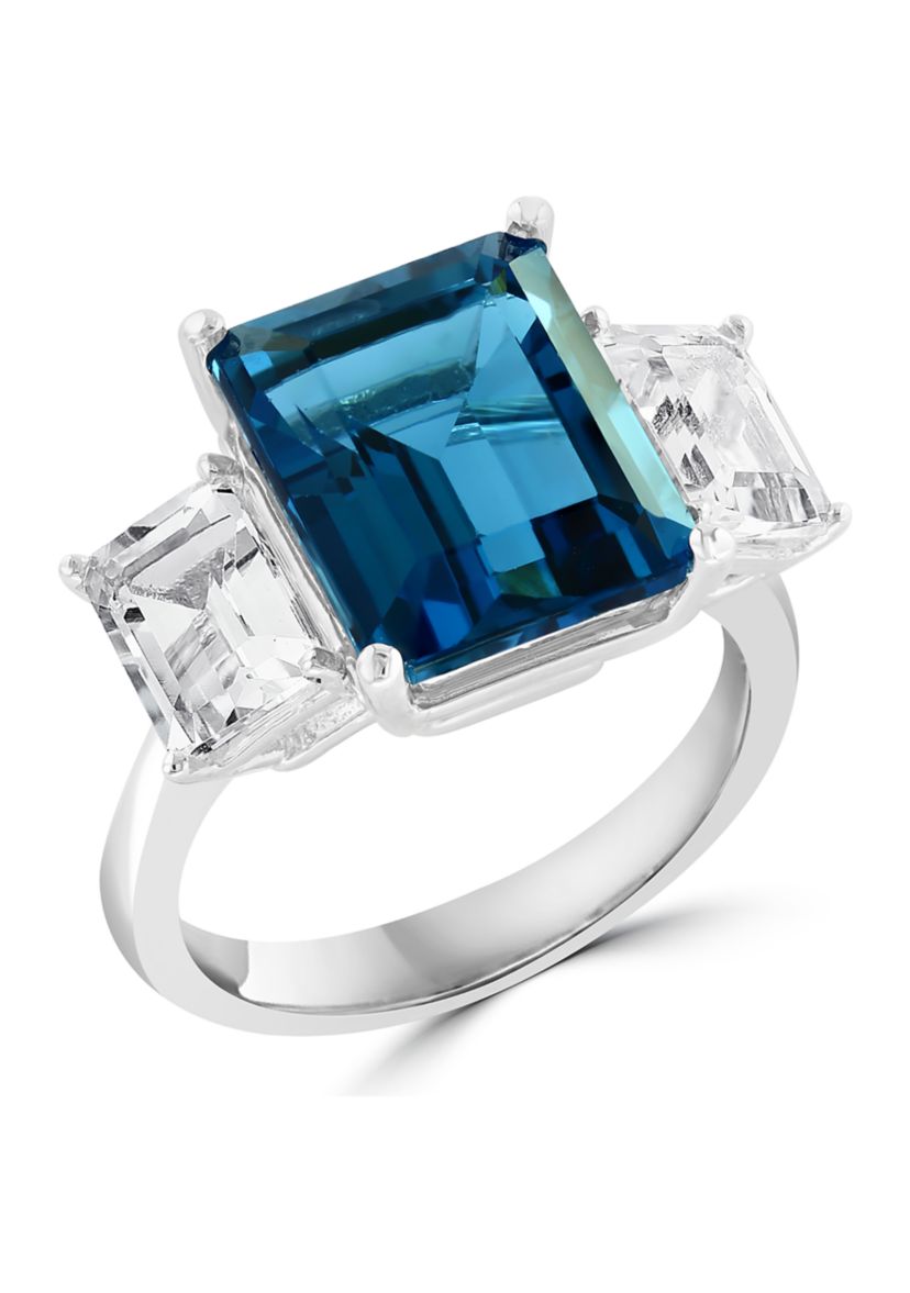 Blue Topaz and White Topaz Square Ring in 14K White Gold