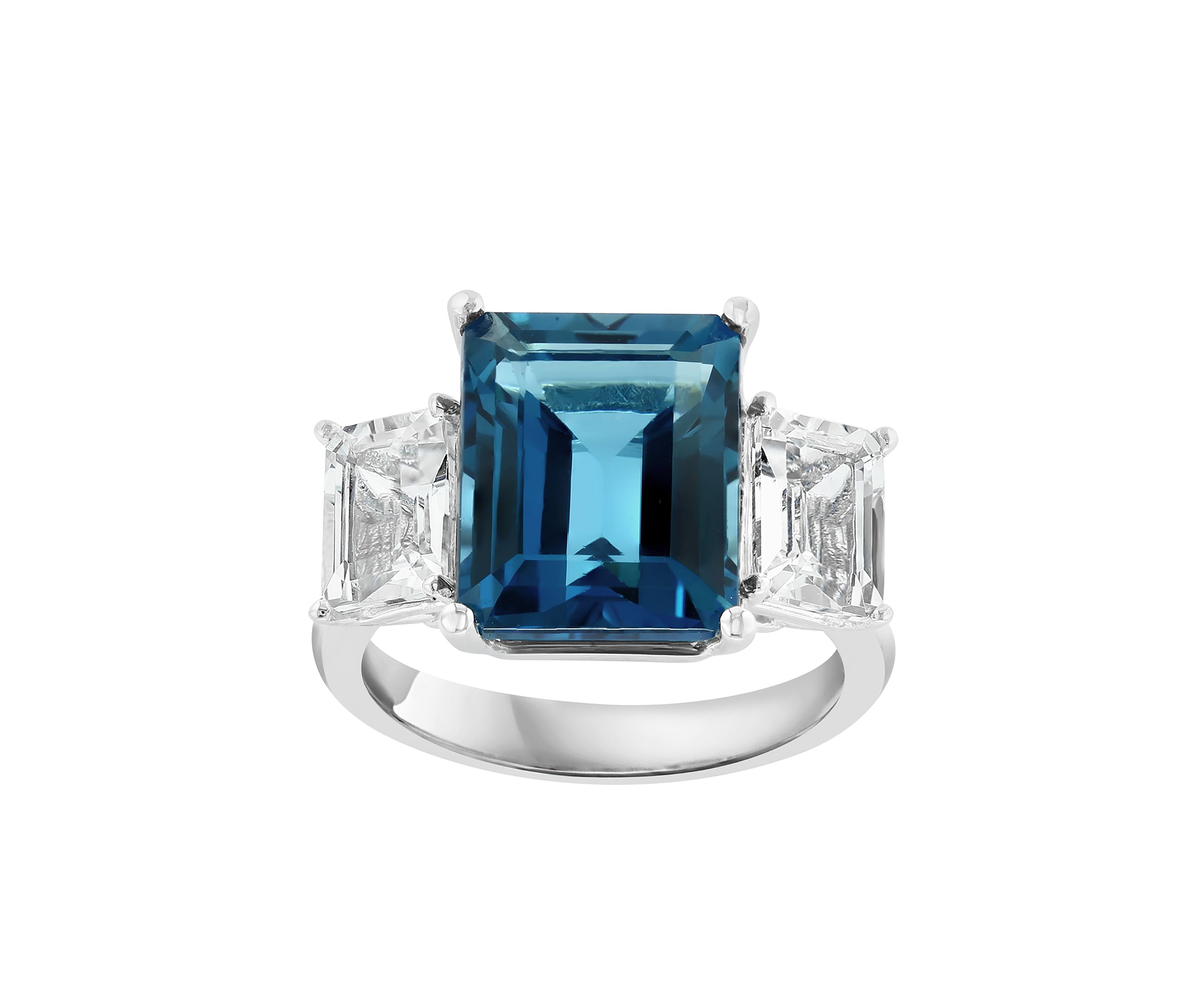 Blue Topaz and White Topaz Square Ring in 14K White Gold