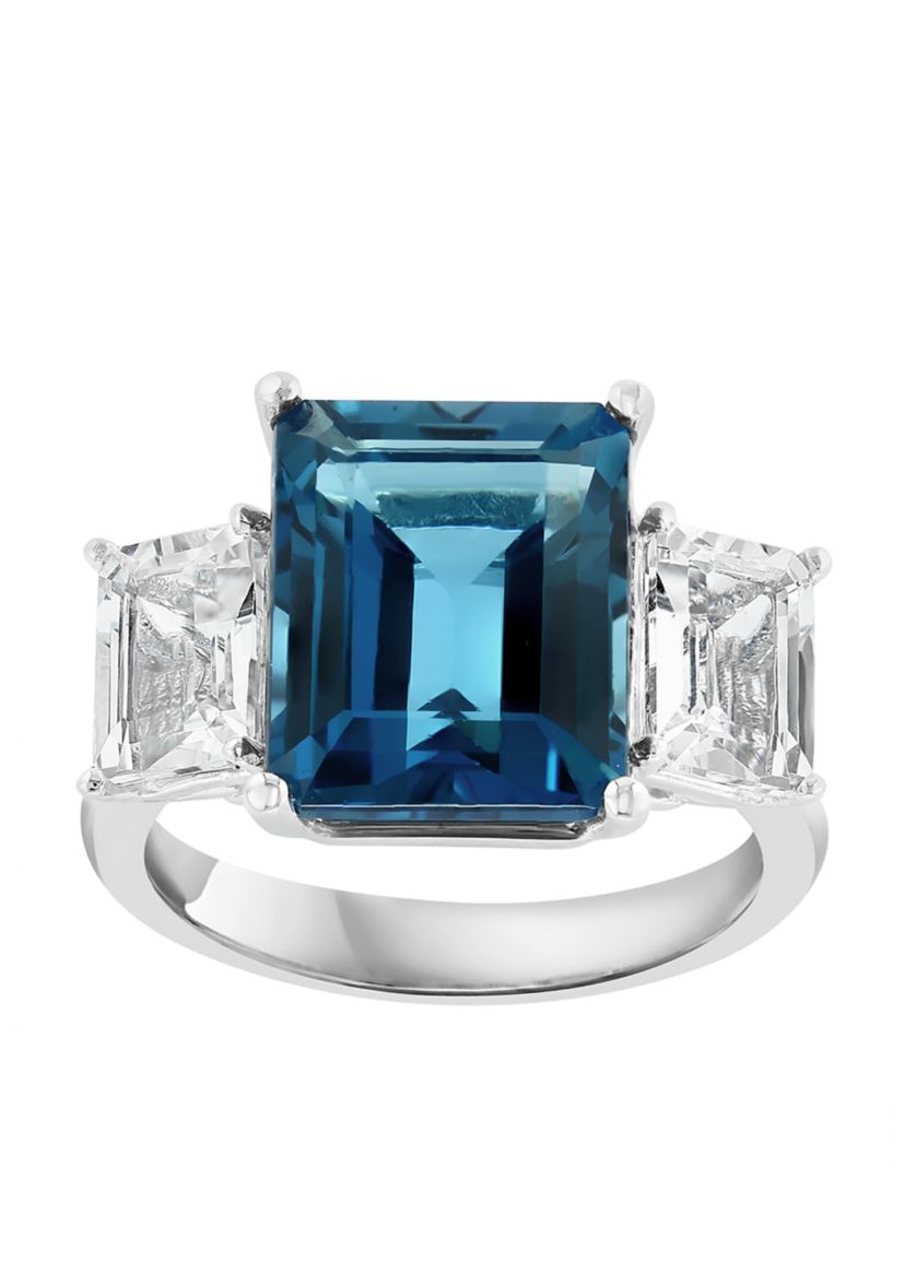 Blue Topaz and White Topaz Square Ring in 14K White Gold
