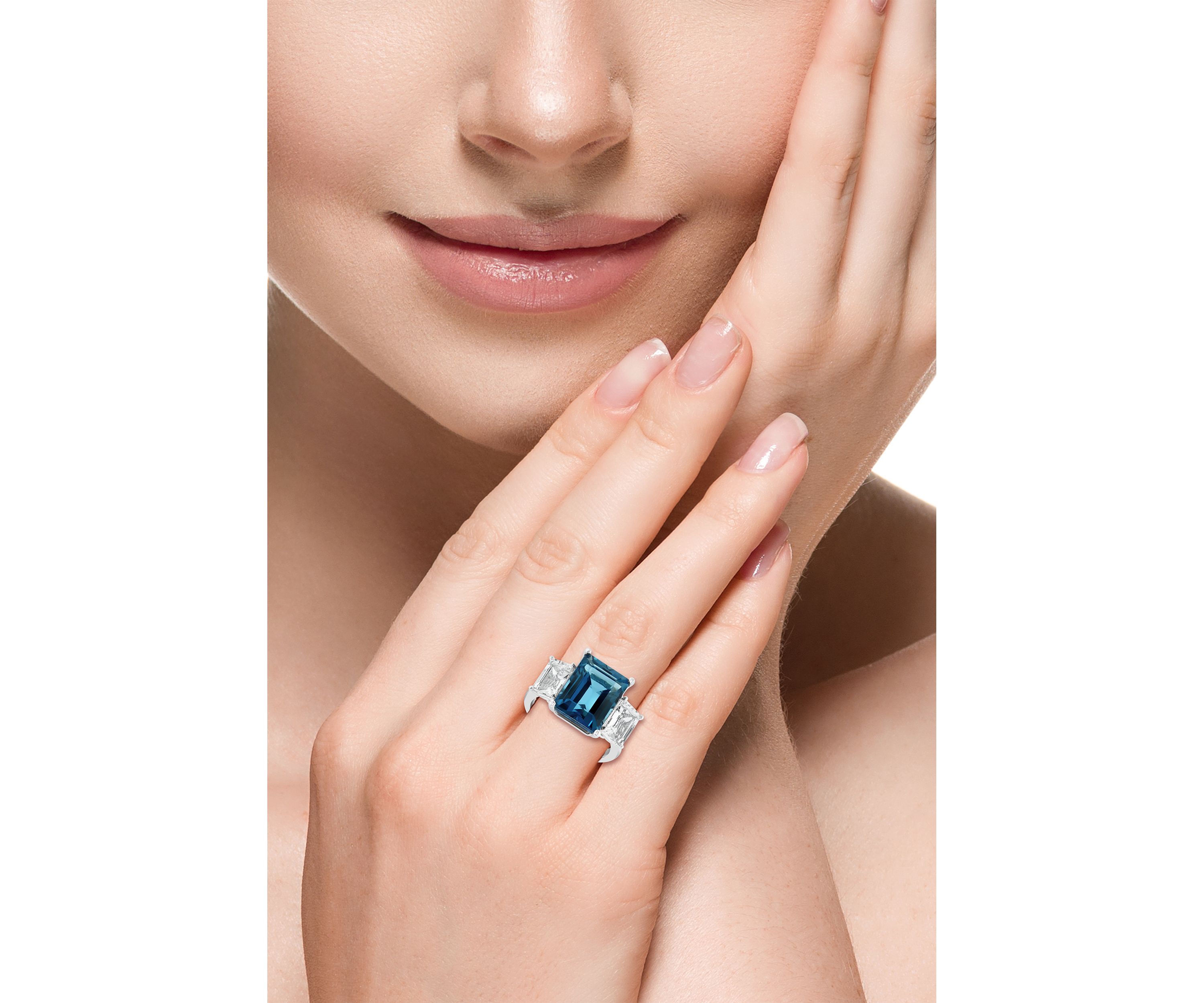 Blue Topaz and White Topaz Square Ring in 14K White Gold