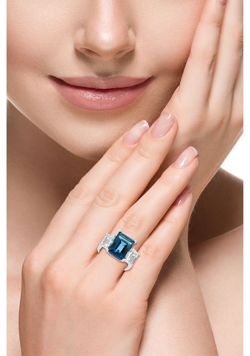 Blue Topaz and White Topaz Square Ring in 14K White Gold