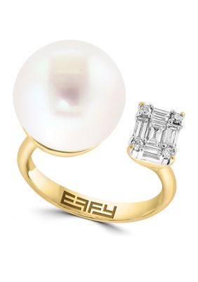 Effy 3/8 Ct. T.w. Diamond, Freshwater Pearl Ring In 14K Yellow Gold