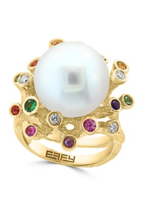 Effy 1/2 Ct. T.w. Multi Sapphire, 3/8 Ct. T.w. Diamond, 1/8 Ct. T.w. Tsavorite And Freshwater Pearl Ring In 14K Yellow Gold