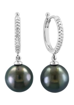 Effy 1/10 Ct. T.w. Diamond, Black Tahitian Pearl Earrings In 14K White Gold