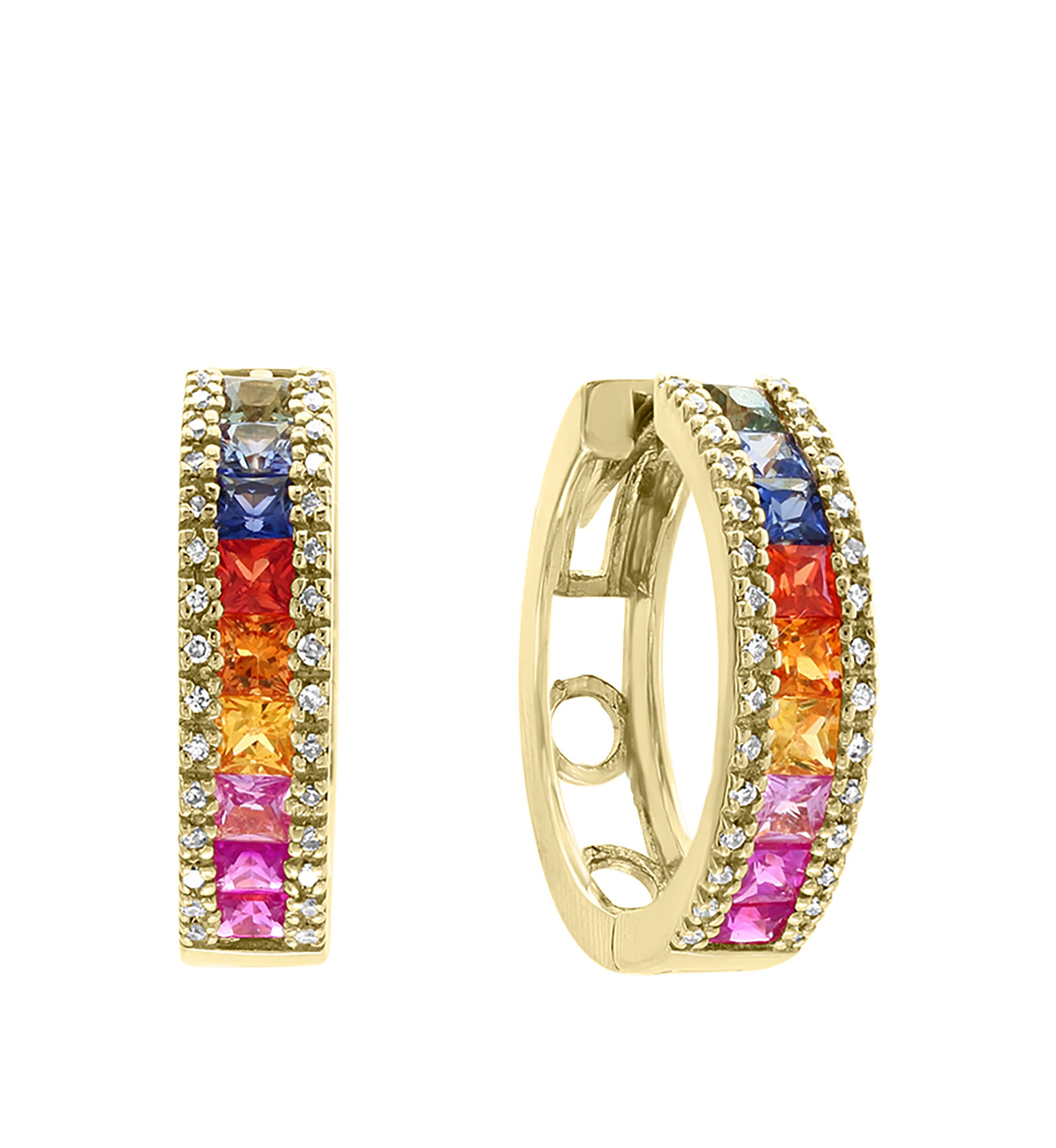  1/4 ct. t.w. Diamond, 2.39 ct. t.w. Multi Sapphire, Natural Ceylon Sapphire, Green Sapphire, Orange Sapphire, Pink Sapphire, Yellow Sapphire Earrings in 14k Yellow Gold