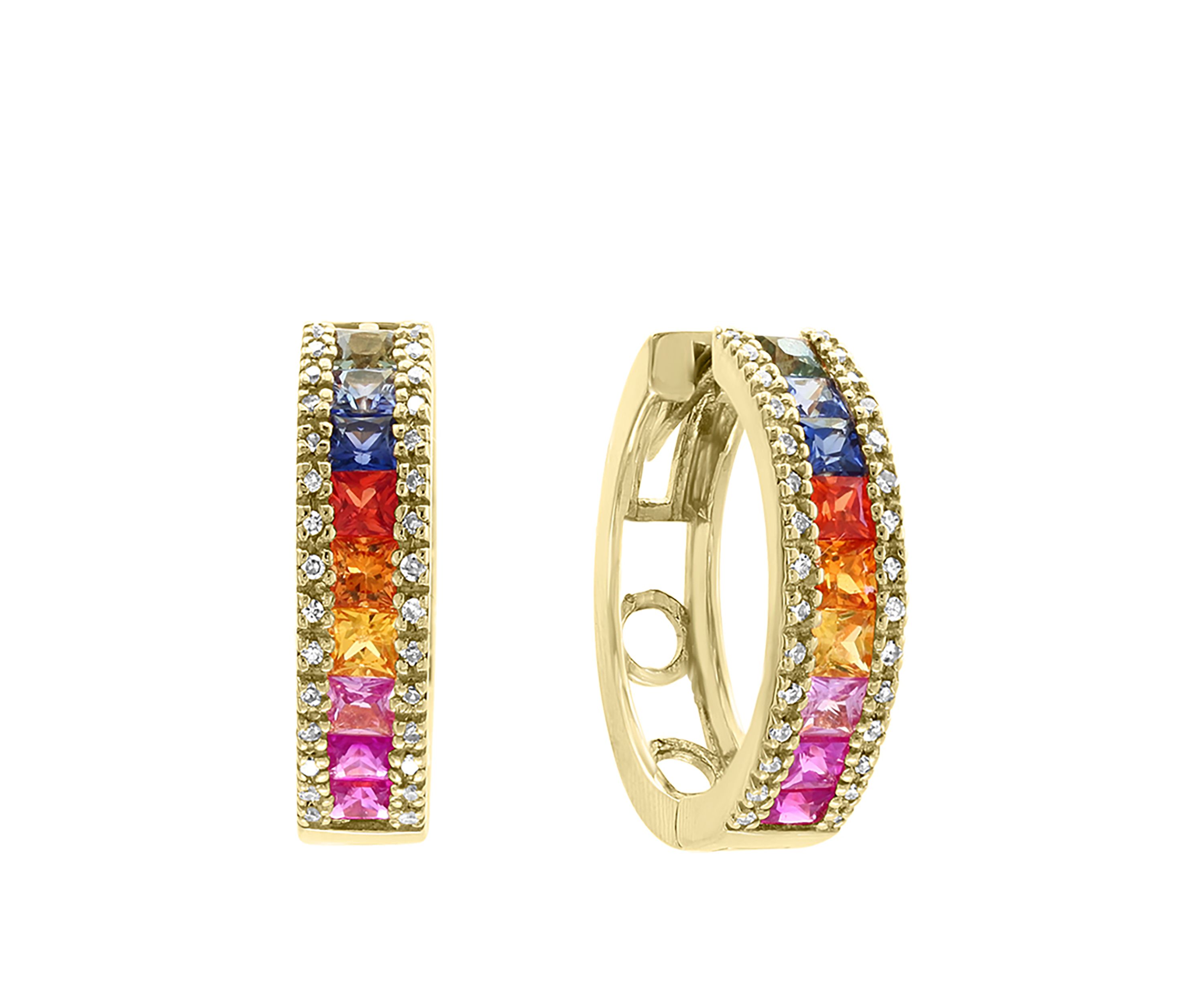  1/4 ct. t.w. Diamond, 2.39 ct. t.w. Multi Sapphire, Natural Ceylon Sapphire, Green Sapphire, Orange Sapphire, Pink Sapphire, Yellow Sapphire Earrings in 14k Yellow Gold