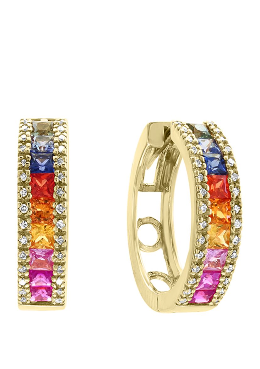  1/4 ct. t.w. Diamond, 2.39 ct. t.w. Multi Sapphire, Natural Ceylon Sapphire, Green Sapphire, Orange Sapphire, Pink Sapphire, Yellow Sapphire Earrings in 14k Yellow Gold