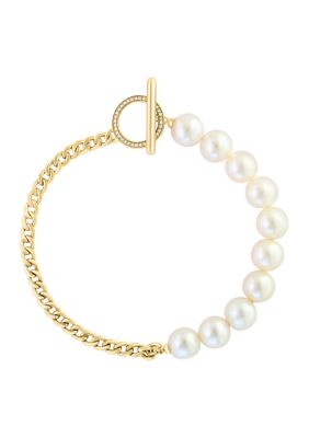 Effy Diamond and Freshwater Pearl Toggle Bracelet in 14K Yellow Gold, 7 in