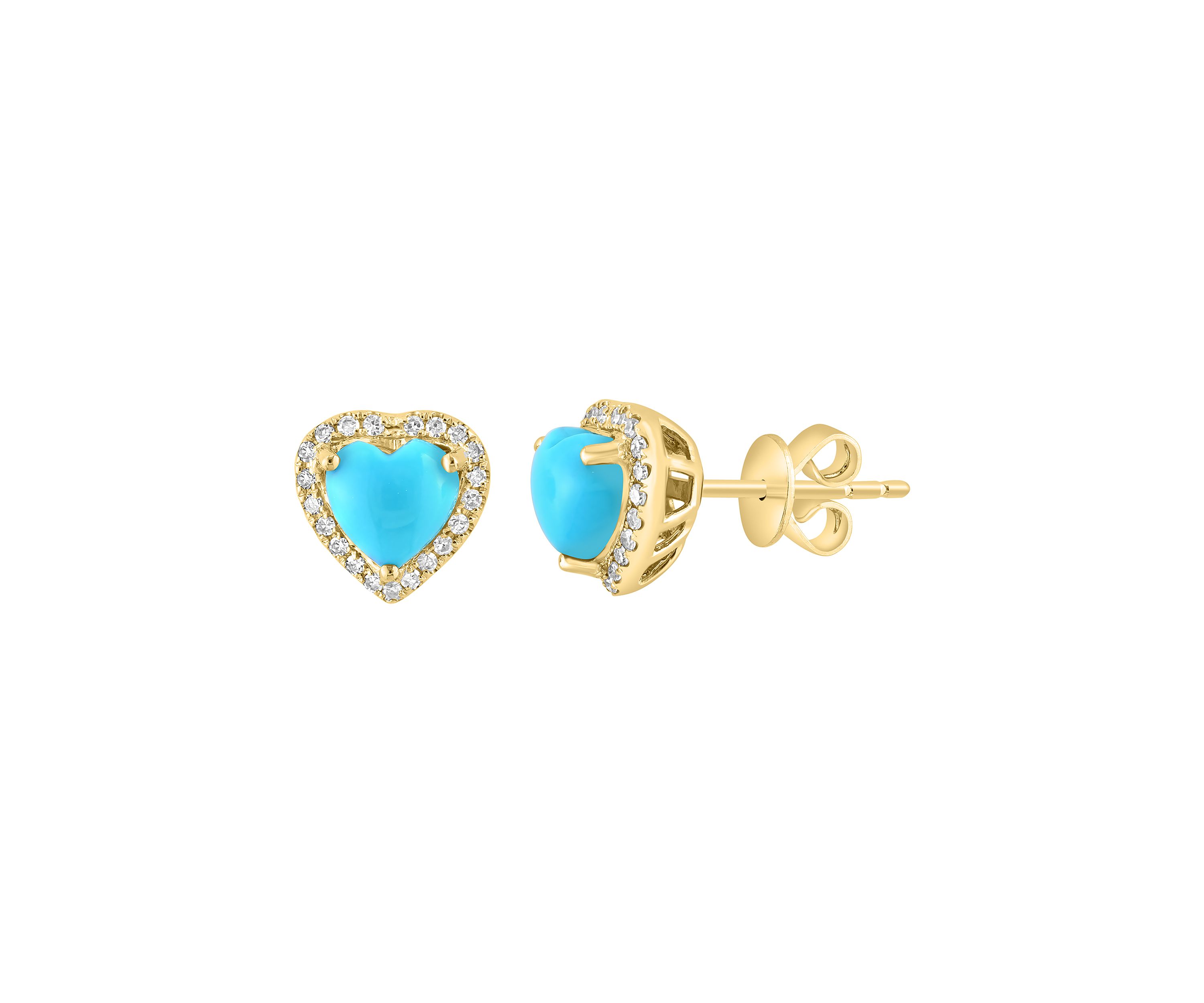 Diamond and Turquoise Heart Earrings in 14K Yellow Gold