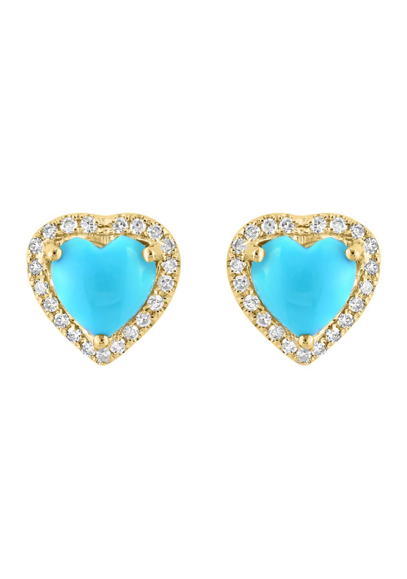 Diamond and Turquoise Heart Earrings in 14K Yellow Gold
