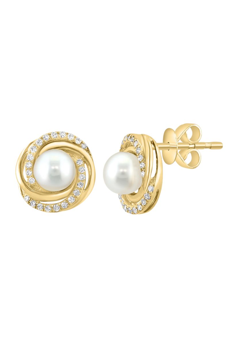 1/8 ct. t.w. Diamond and Pearl Earrings in 14K Yellow Gold