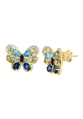 Effy Diamond, Blue Topaz And Peridot Butterfly Stud Earrings In 14K Yellow Gold