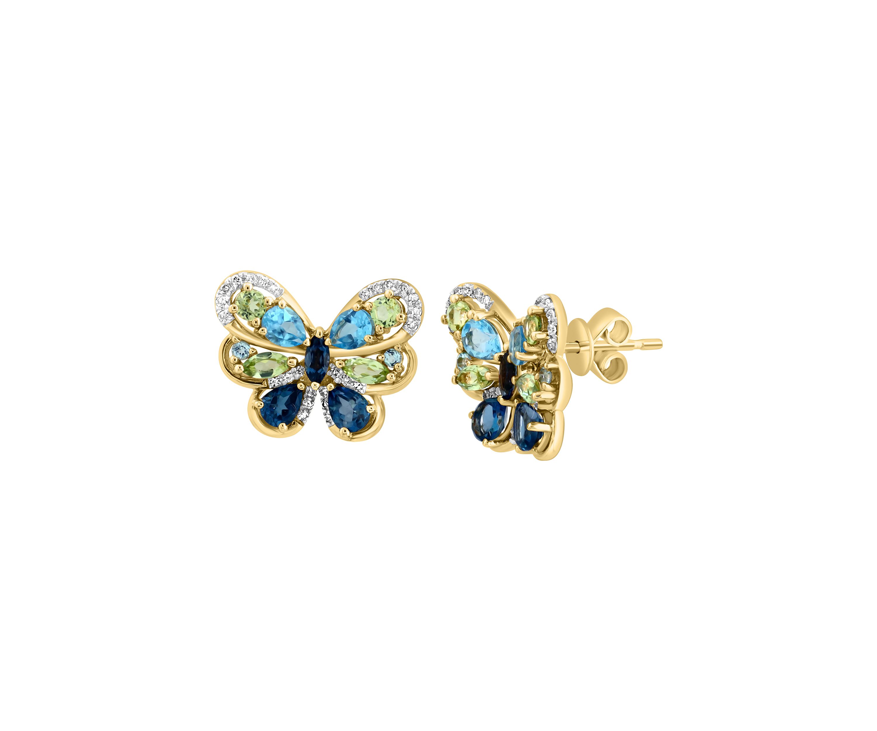 Diamond, Blue Topaz and Peridot Butterfly Stud Earrings in 14K Yellow Gold