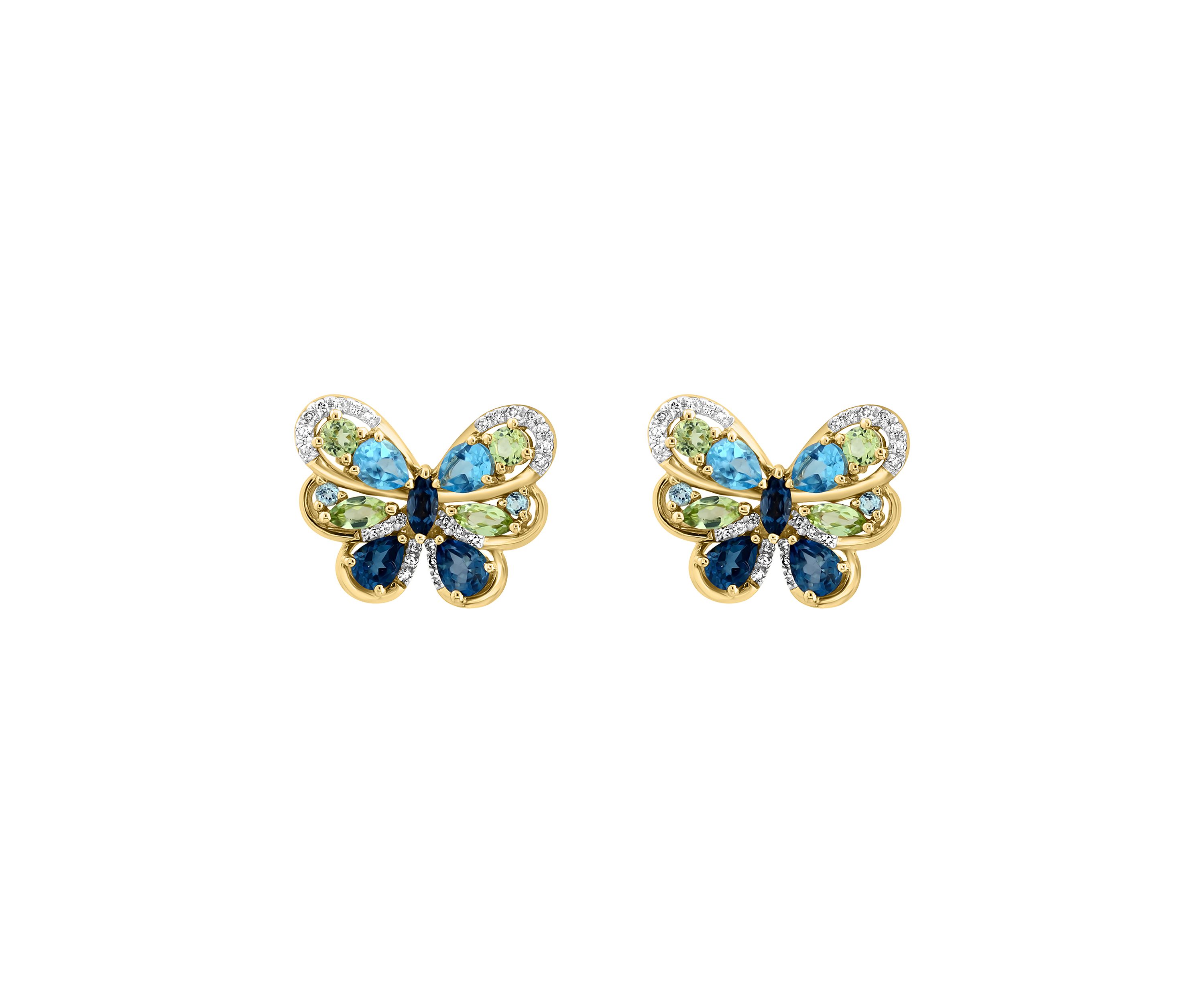 Diamond, Blue Topaz and Peridot Butterfly Stud Earrings in 14K Yellow Gold