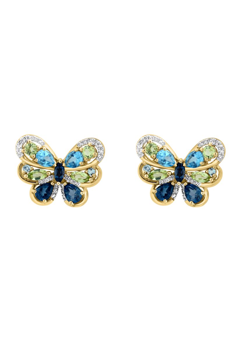 Diamond, Blue Topaz and Peridot Butterfly Stud Earrings in 14K Yellow Gold