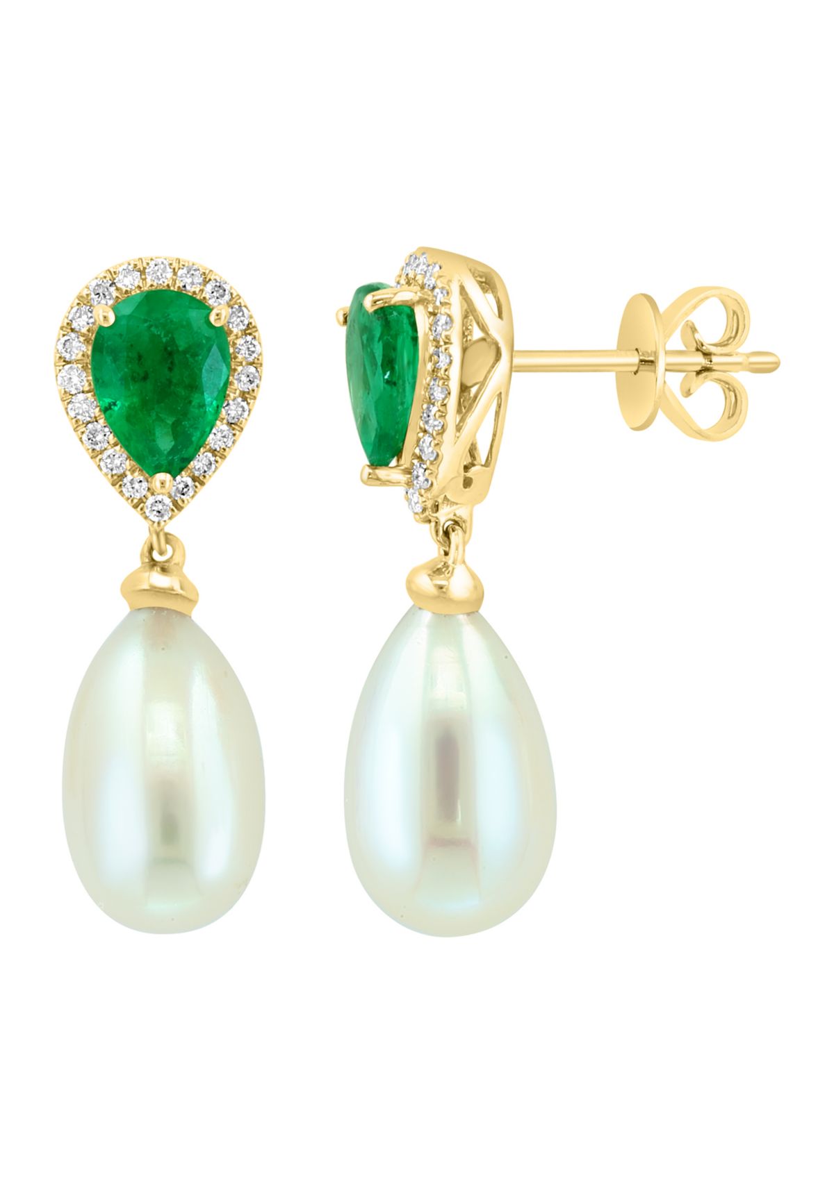 Diamond, Emerald and Freshwater Pearl Drop Earrings in 14K Yellow Gold