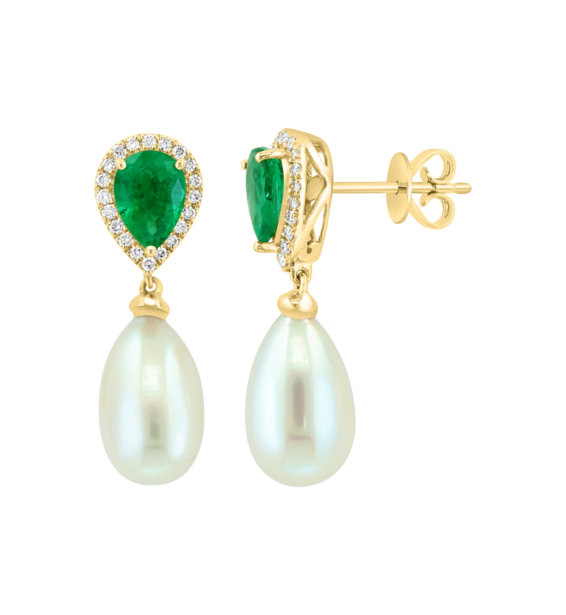 Diamond, Emerald and Freshwater Pearl Drop Earrings in 14K Yellow Gold