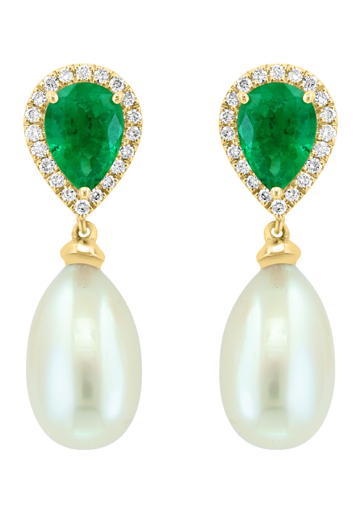 Diamond, Emerald and Freshwater Pearl Drop Earrings in 14K Yellow Gold