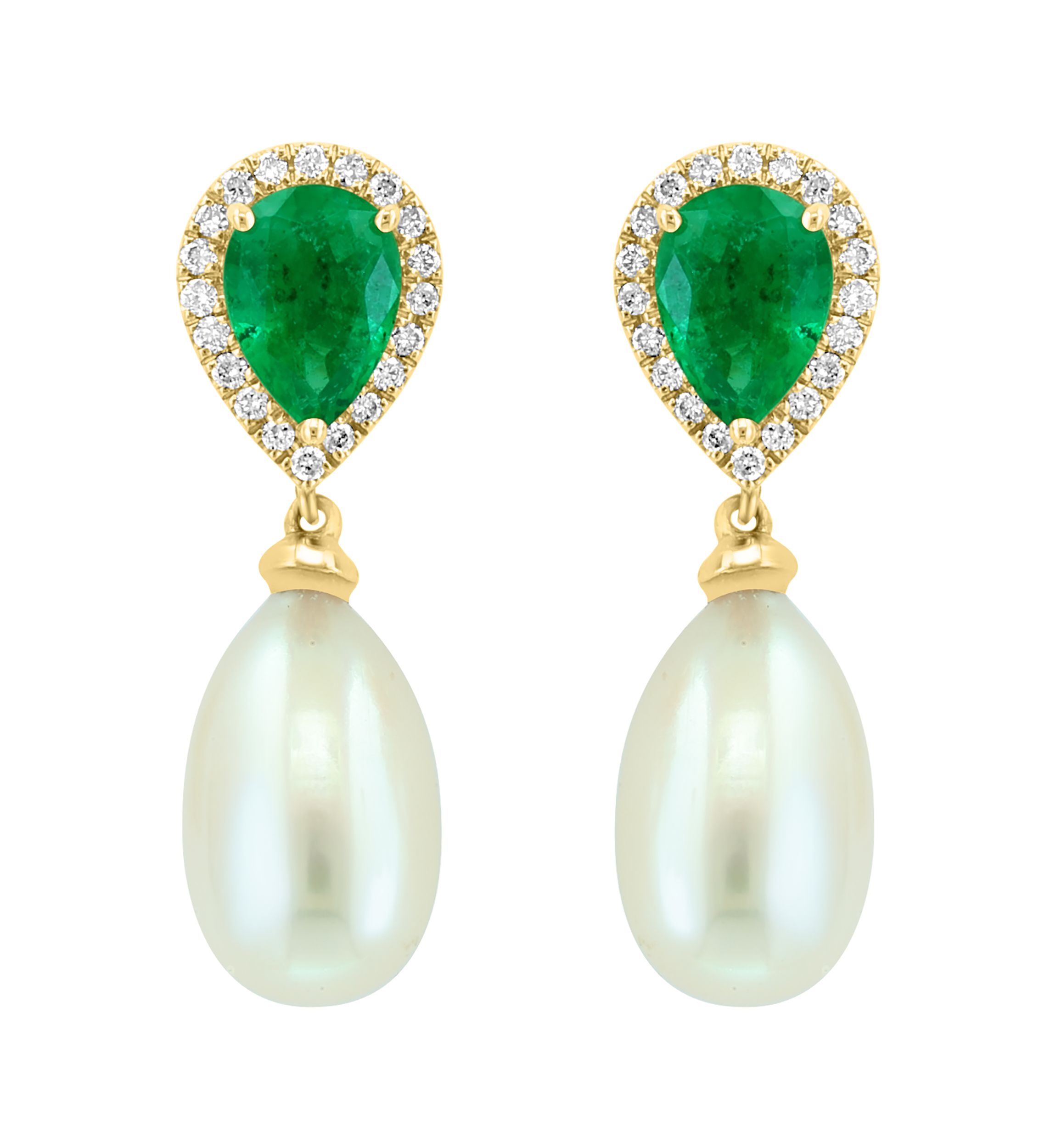 Diamond, Emerald and Freshwater Pearl Drop Earrings in 14K Yellow Gold