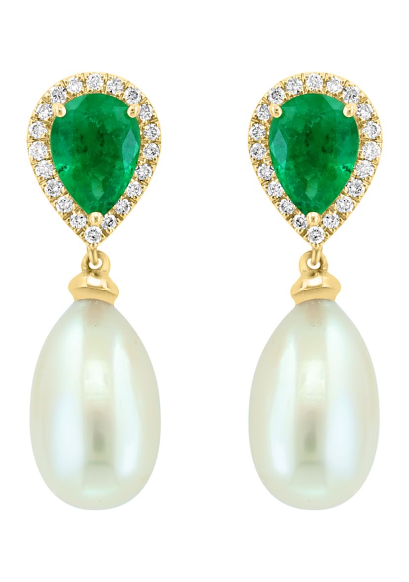 Diamond, Emerald and Freshwater Pearl Drop Earrings in 14K Yellow Gold