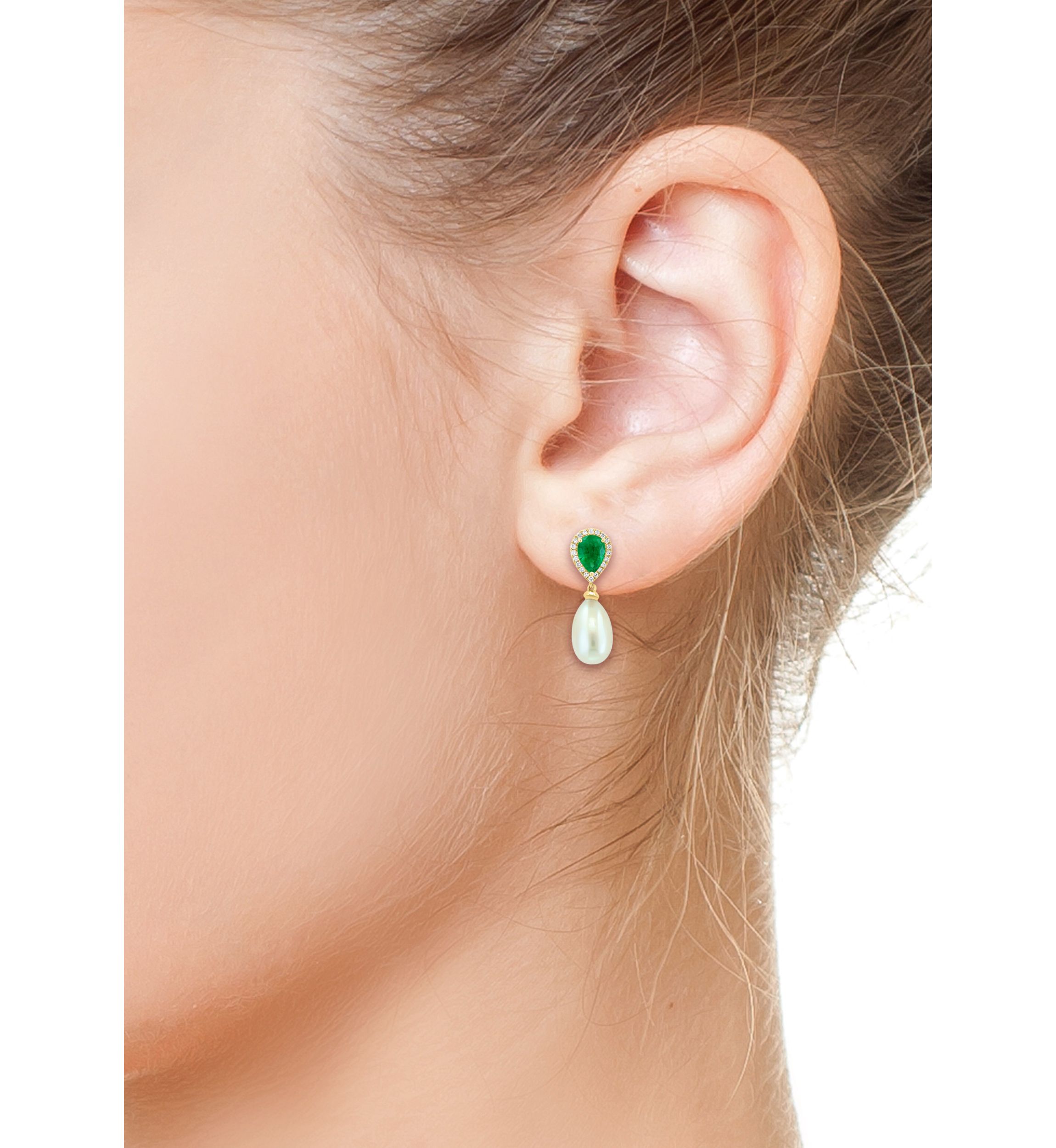 Diamond, Emerald and Freshwater Pearl Drop Earrings in 14K Yellow Gold