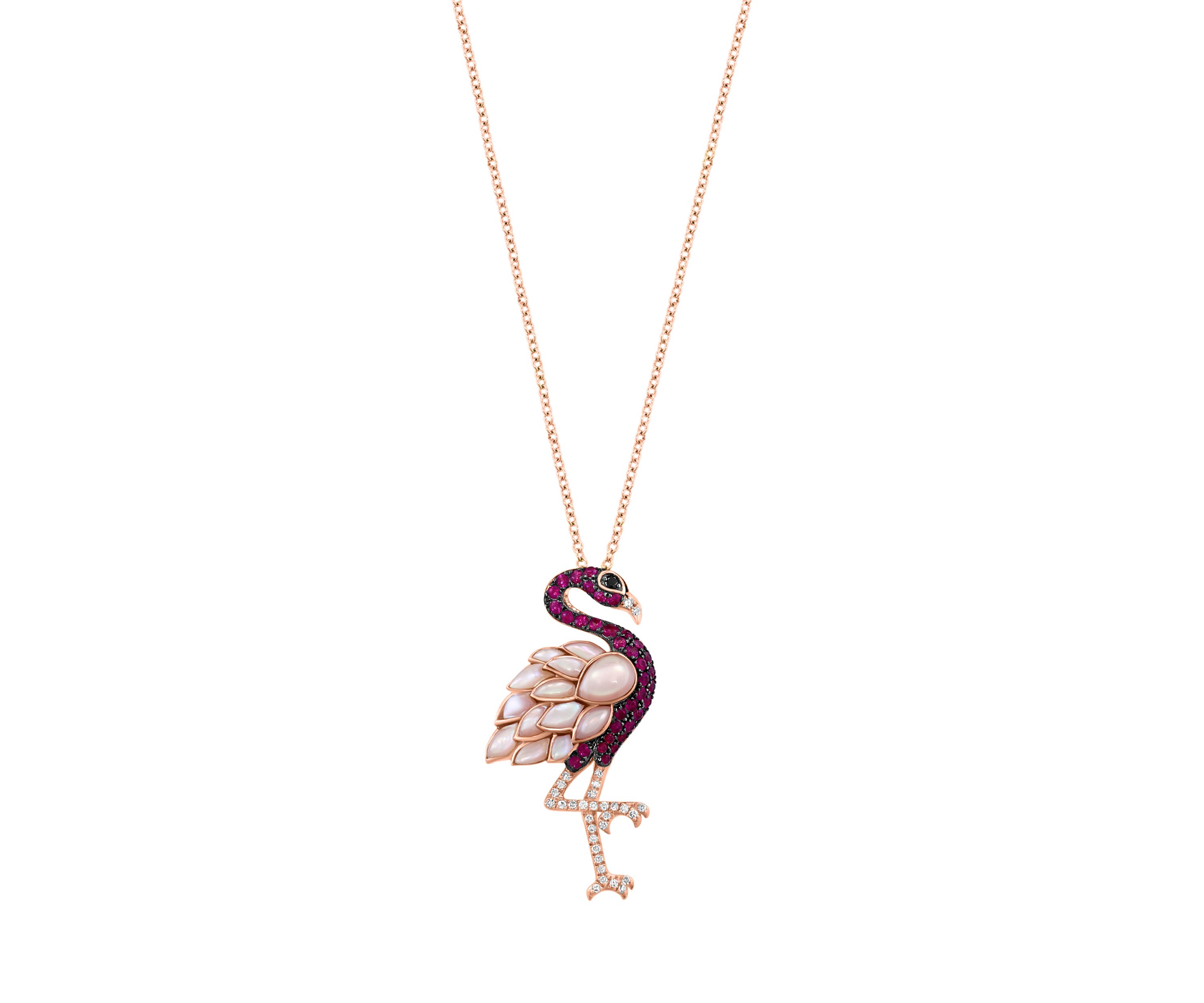  14K Rose Gold Diamond, Black Diamond, and Ruby Pendant Necklace 