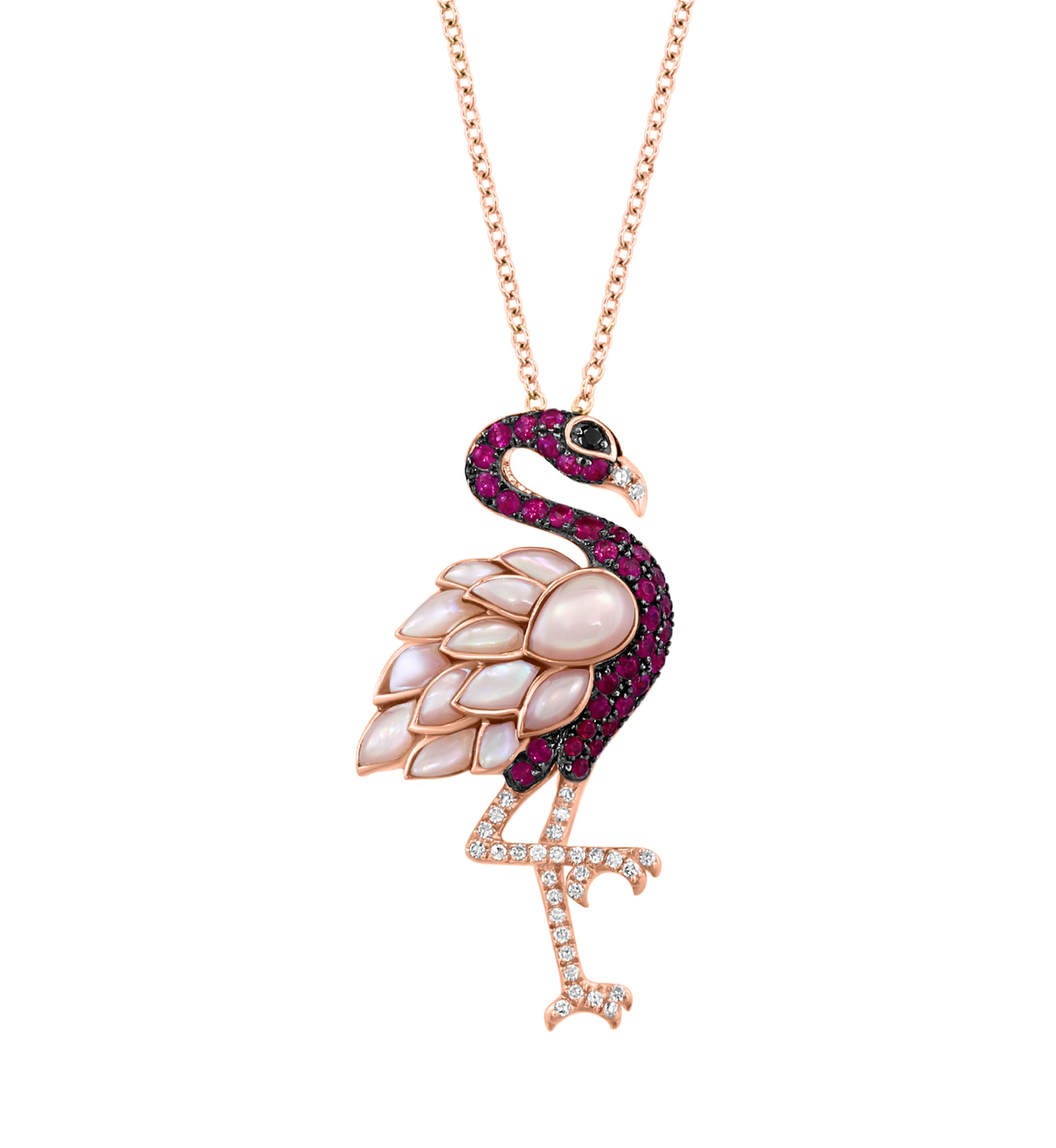  14K Rose Gold Diamond, Black Diamond, and Ruby Pendant Necklace 