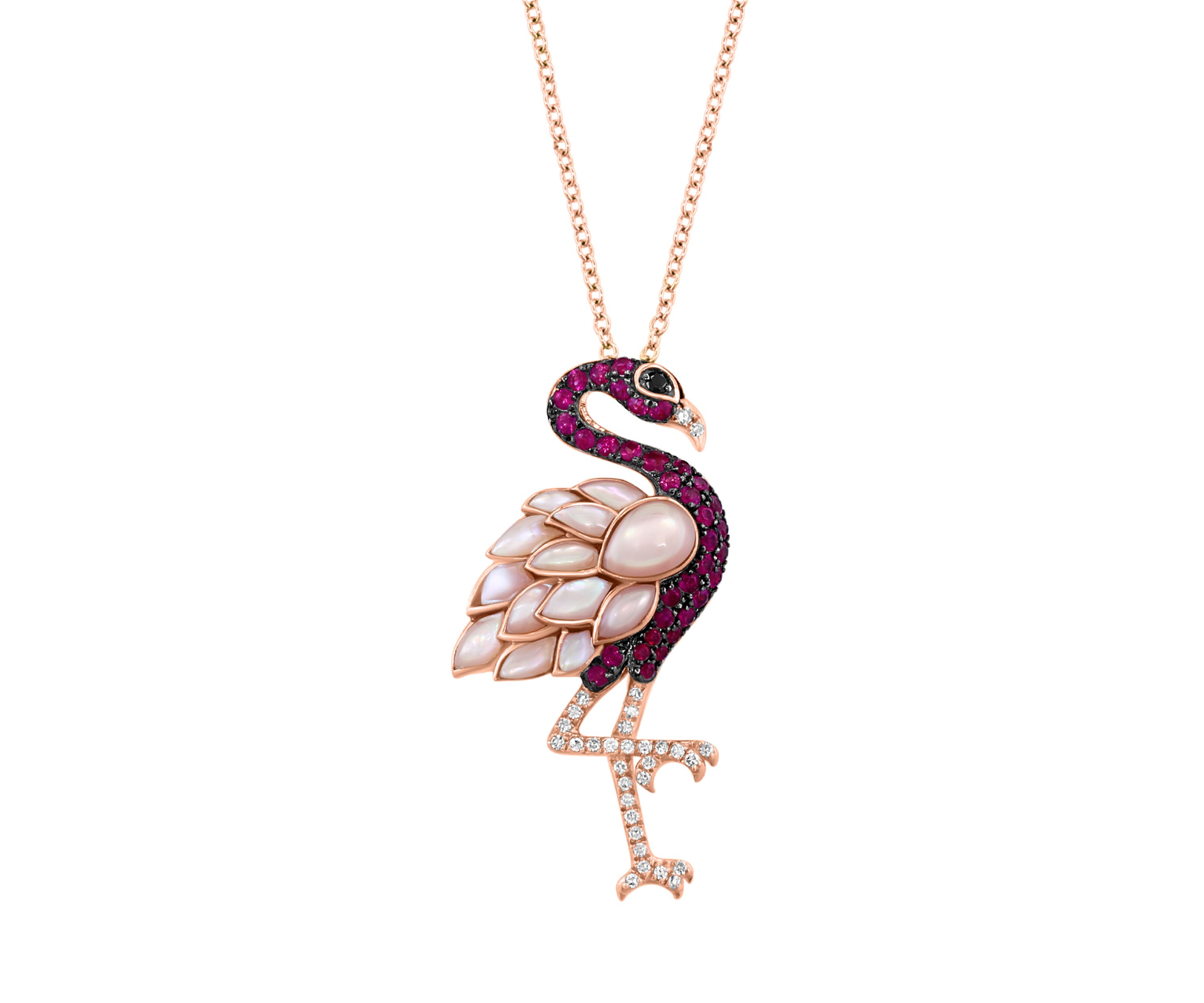  14K Rose Gold Diamond, Black Diamond, and Ruby Pendant Necklace 