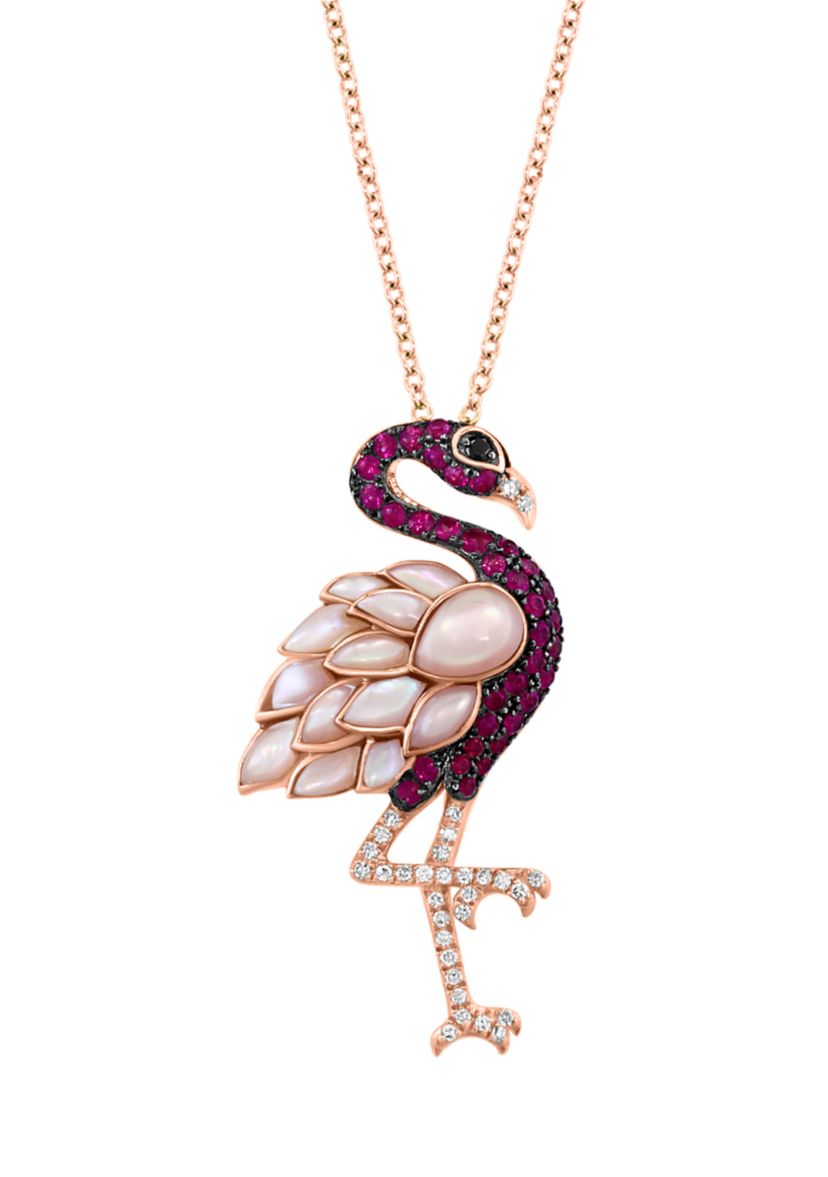  14K Rose Gold Diamond, Black Diamond, and Ruby Pendant Necklace 