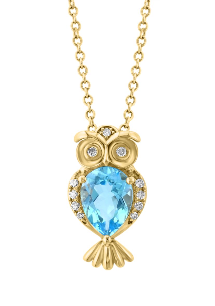 14K Yellow Gold Diamond, Blue Topaz Pendant Necklace