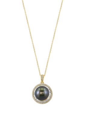 Effy 5/8 ct. t.w. Diamond and Tahitian Pearl Pendant Necklace in 14K Yellow Gold, 16 in -  0617892897542