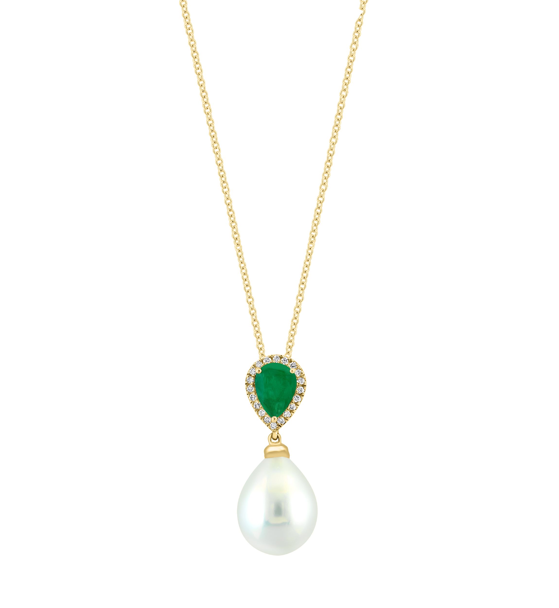 Diamond, Emerald and Freshwater Pearl Pendant Necklace in 14K Yellow Gold