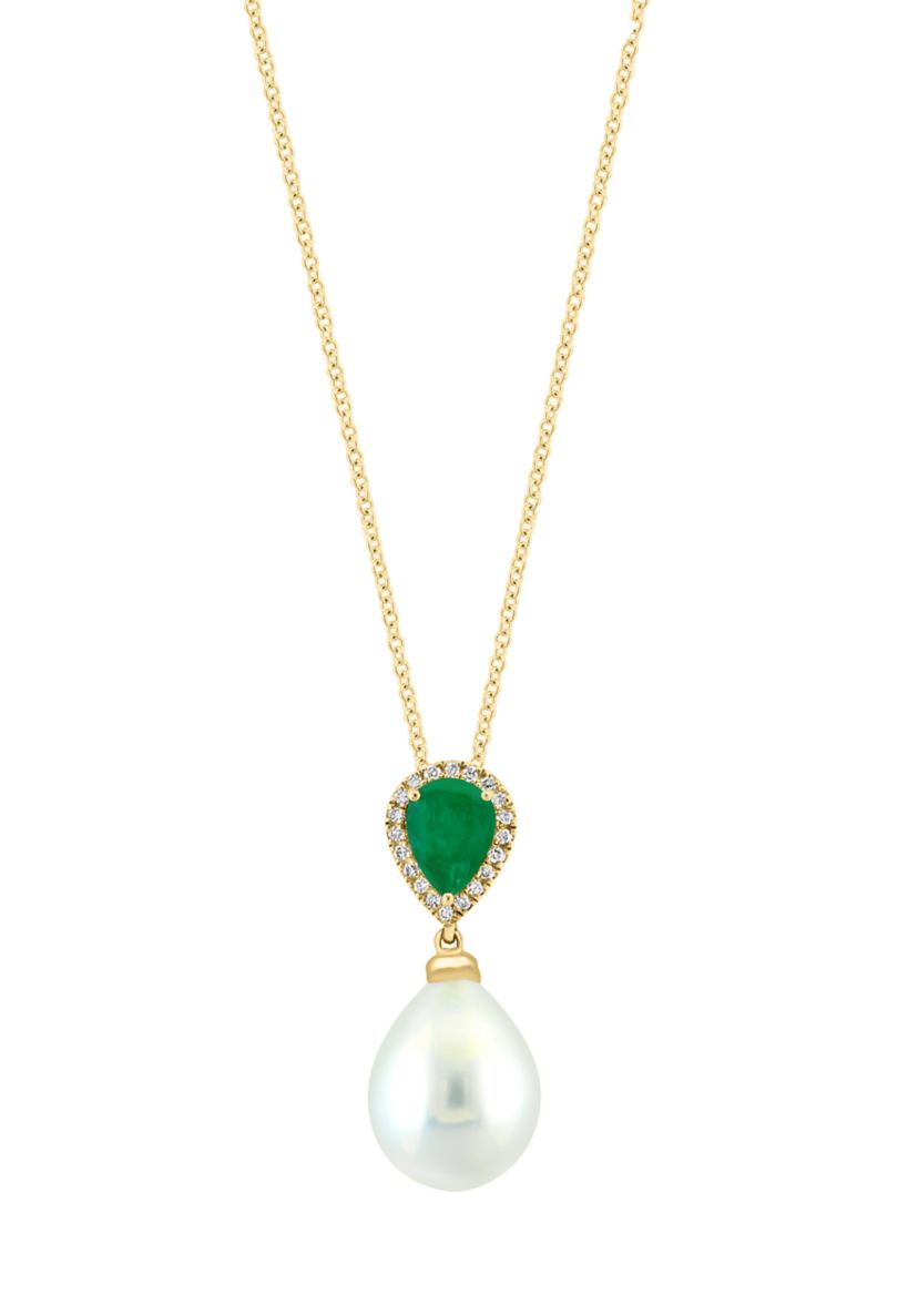 Diamond, Emerald and Freshwater Pearl Pendant Necklace in 14K Yellow Gold