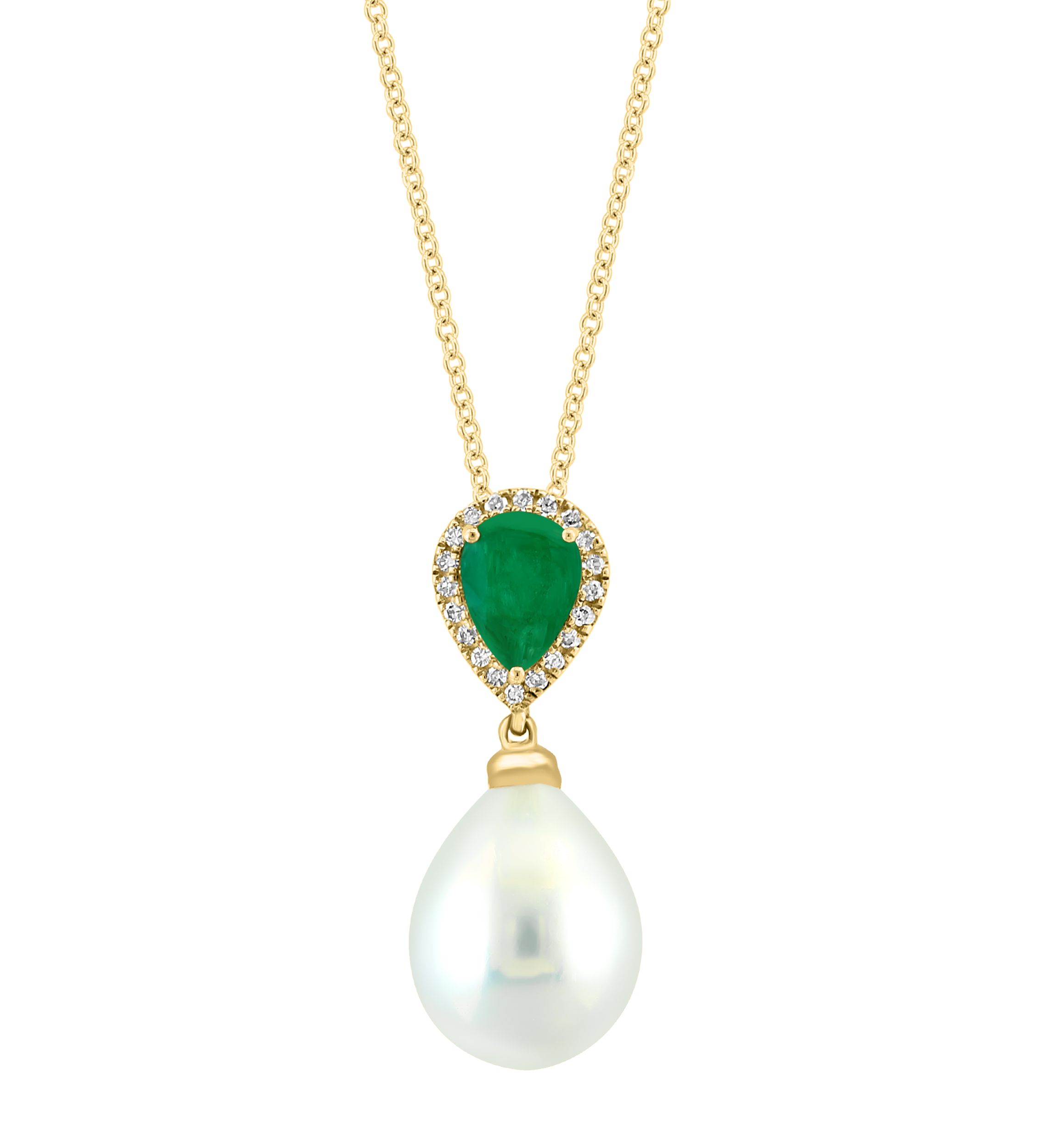 Diamond, Emerald and Freshwater Pearl Pendant Necklace in 14K Yellow Gold