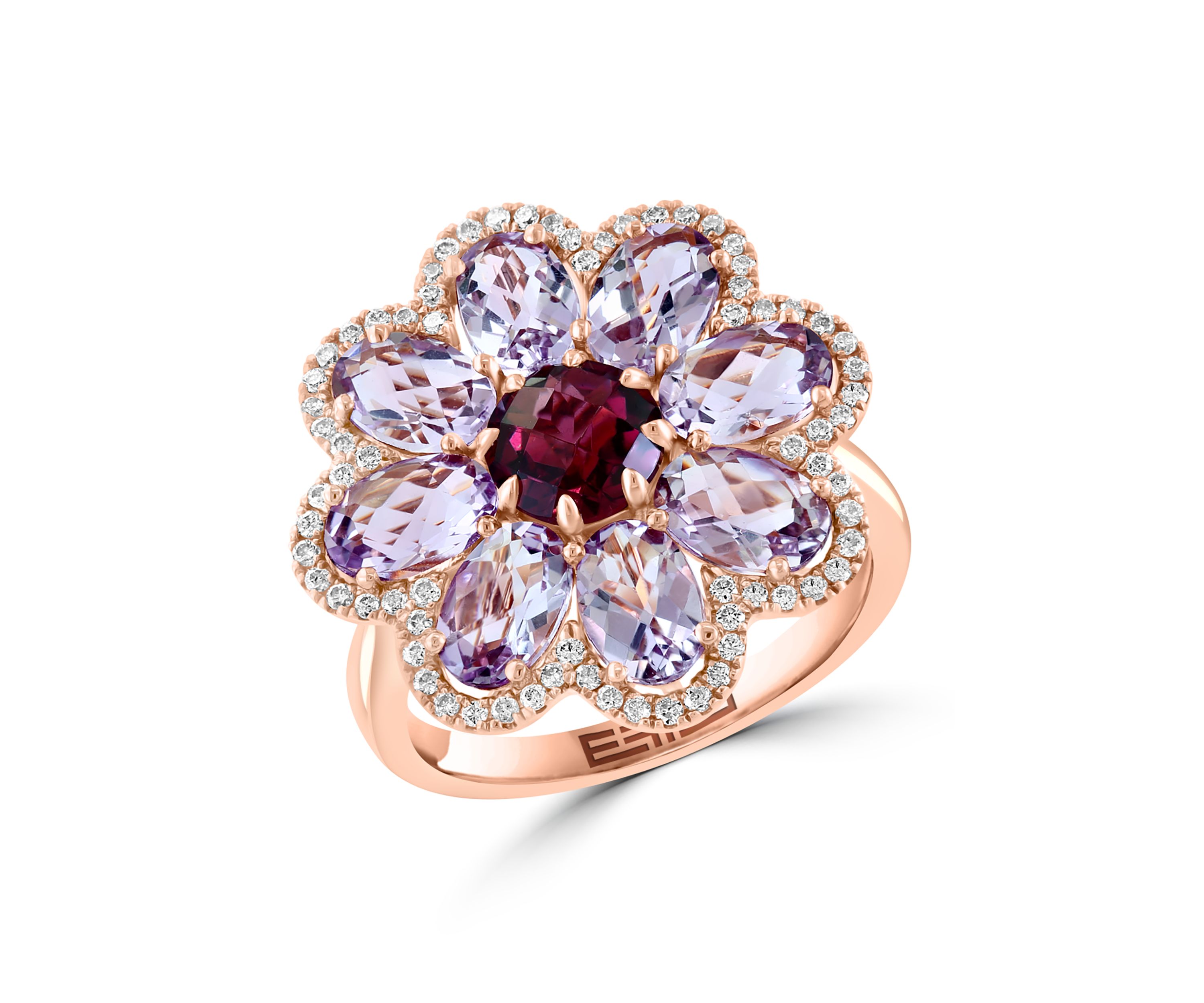 1/3 ct. t.w. Pink Amethyst, Diamond, 3.8 ct. t.w. Rhodolite Ring in 14K Rose Gold