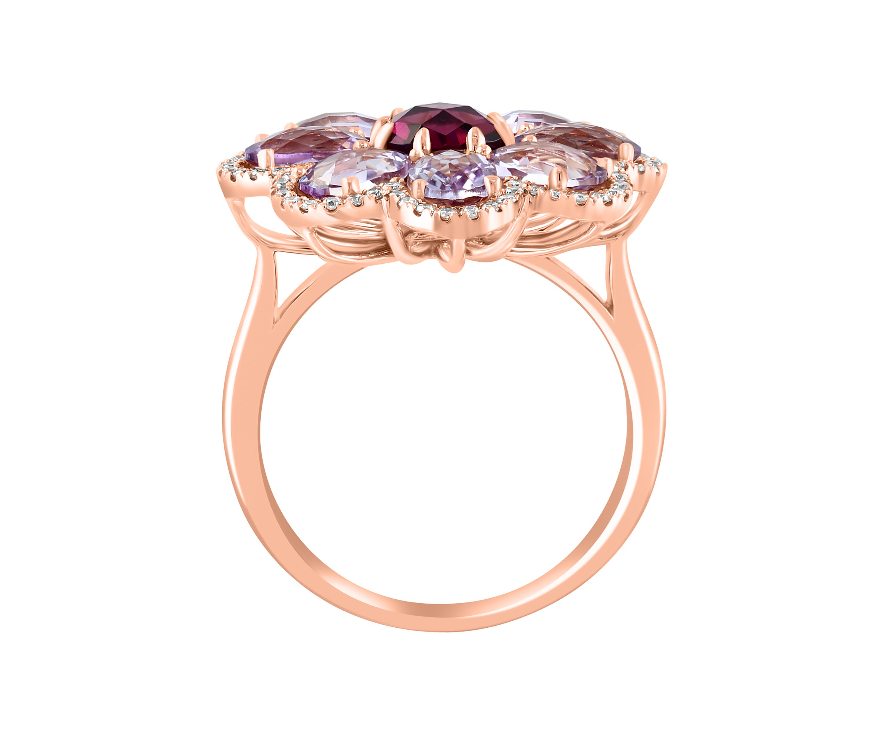 1/3 ct. t.w. Pink Amethyst, Diamond, 3.8 ct. t.w. Rhodolite Ring in 14K Rose Gold