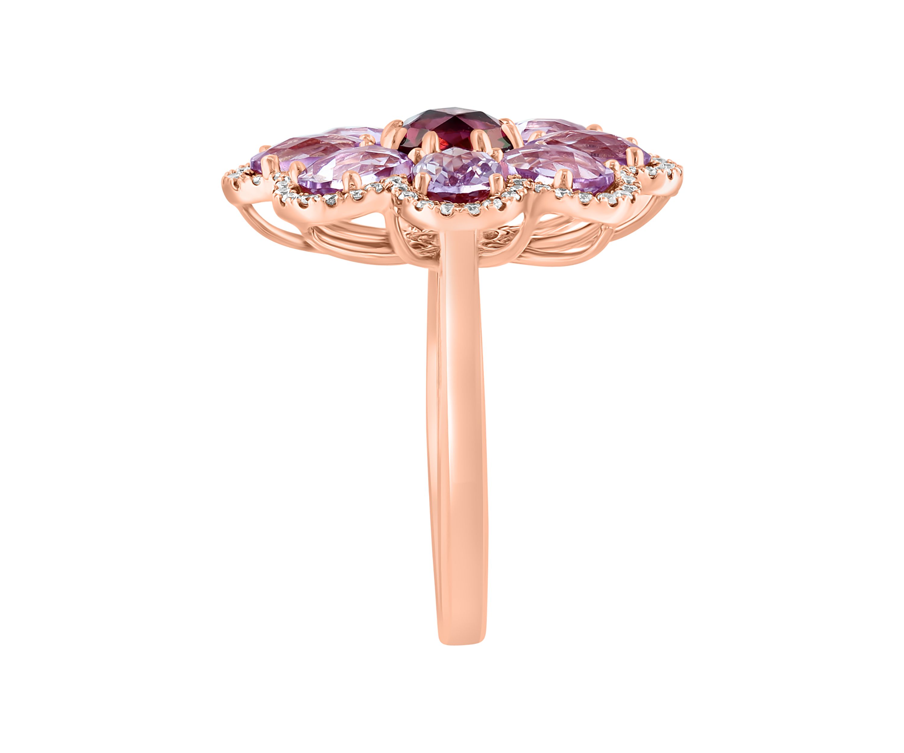 1/3 ct. t.w. Pink Amethyst, Diamond, 3.8 ct. t.w. Rhodolite Ring in 14K Rose Gold
